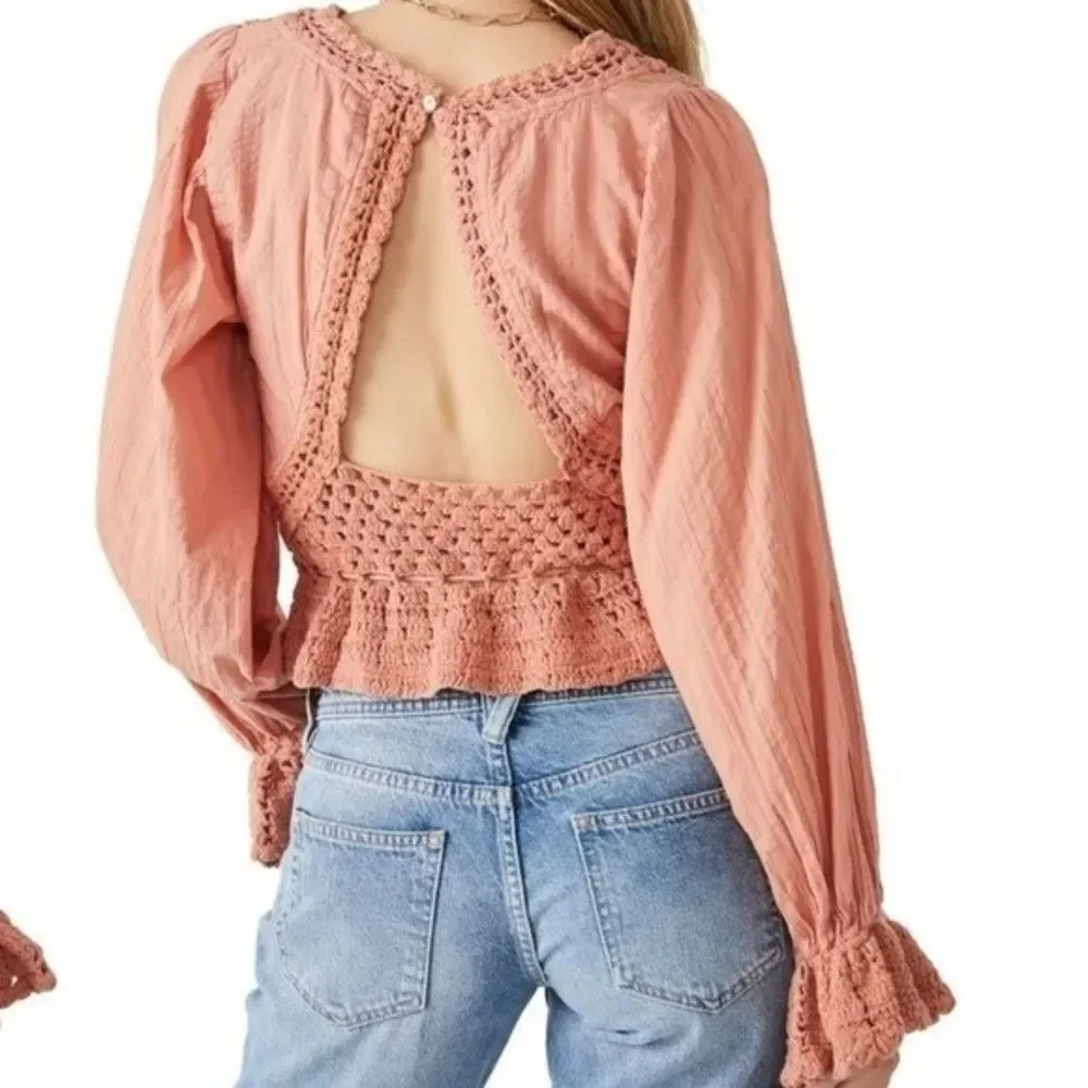 Free People Megan Balloon Sleeve Crochet Top Size Small Bohemian Cottagecore